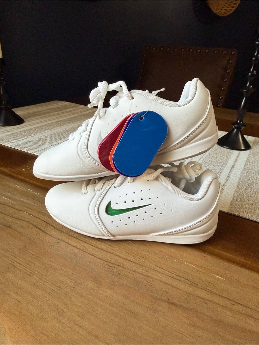 Nike cheer White Sneakers with Green Swoosh and Multi-Color Tags